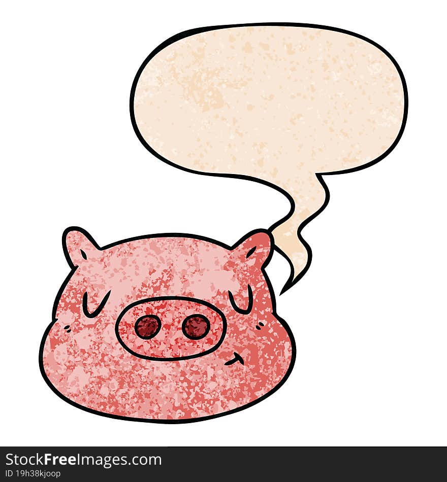 cartoon pig face and speech bubble in retro texture style