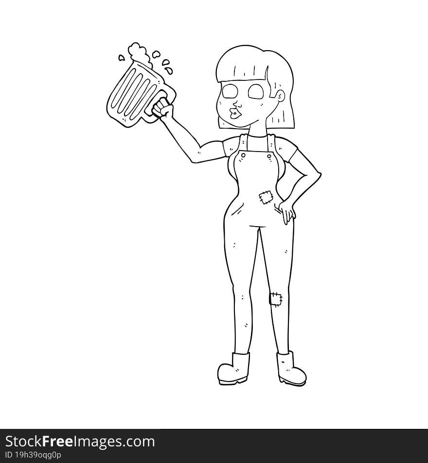 black and white cartoon woman with beer