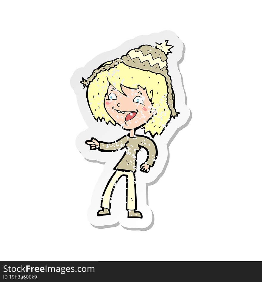 Retro Distressed Sticker Of A Cartoon Woman Wearing Hat