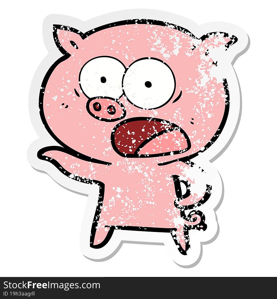 distressed sticker of a cartoon pig shouting