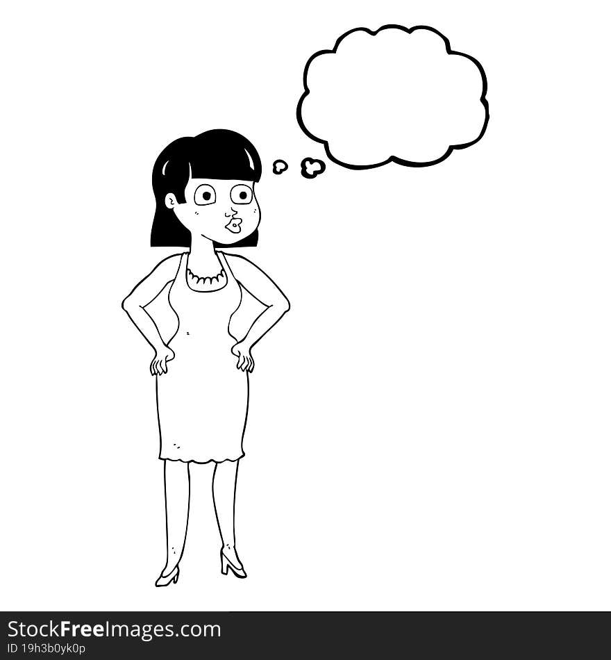 Thought Bubble Cartoon Woman In Dress With Hands On Hips