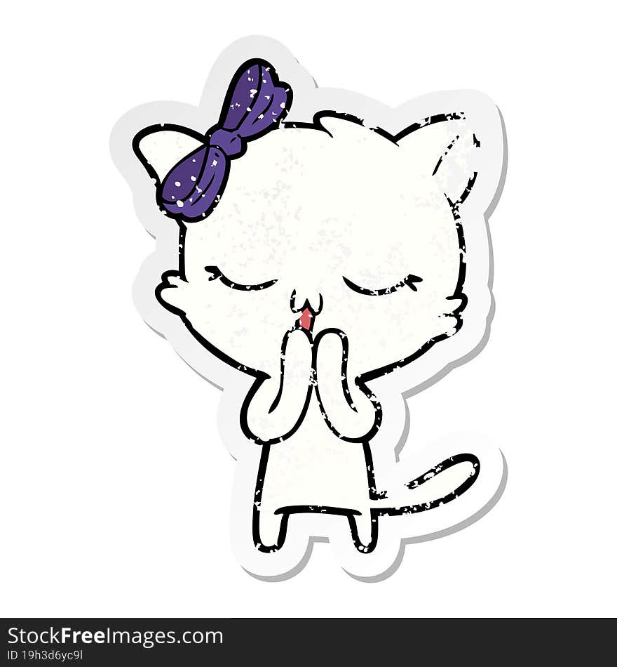 distressed sticker of a cartoon cat with bow on head