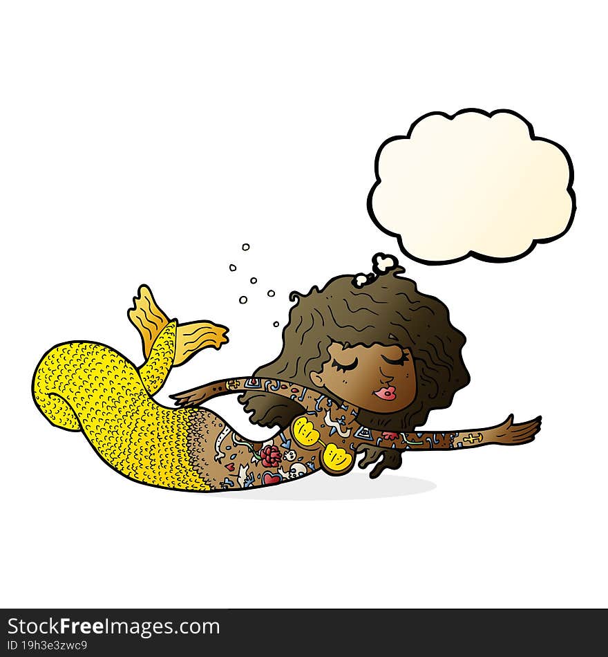 Cartoon Mermaid Covered In Tattoos With Thought Bubble