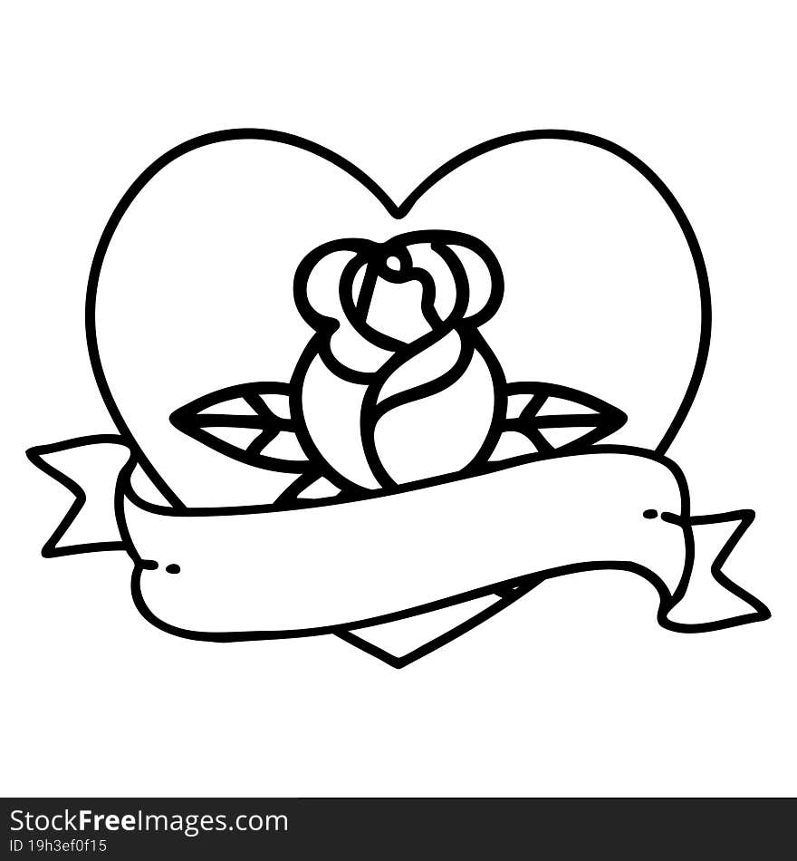 tattoo in black line style of a heart rose and banner. tattoo in black line style of a heart rose and banner