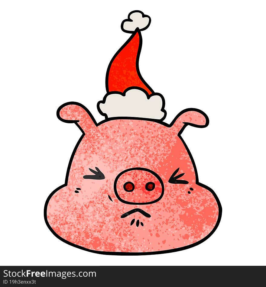 hand drawn textured cartoon of a angry pig face wearing santa hat