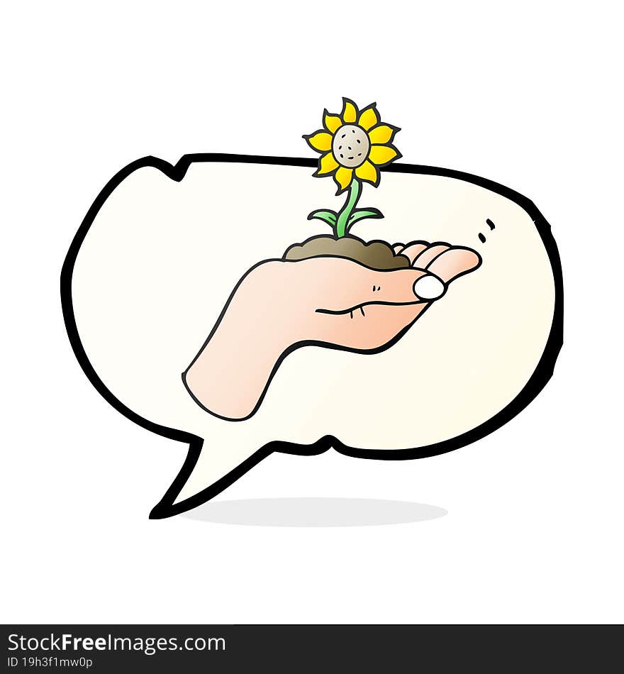 freehand drawn speech bubble cartoon flower growing in palm of hand