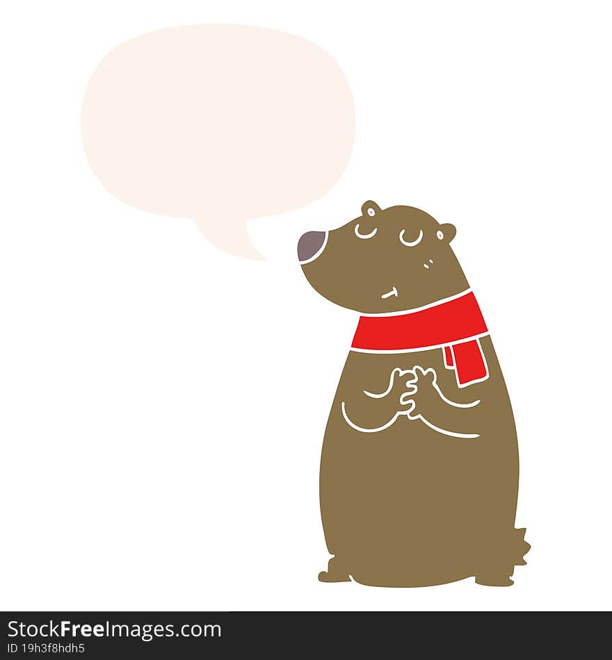 cartoon bear wearing scarf and speech bubble in retro style