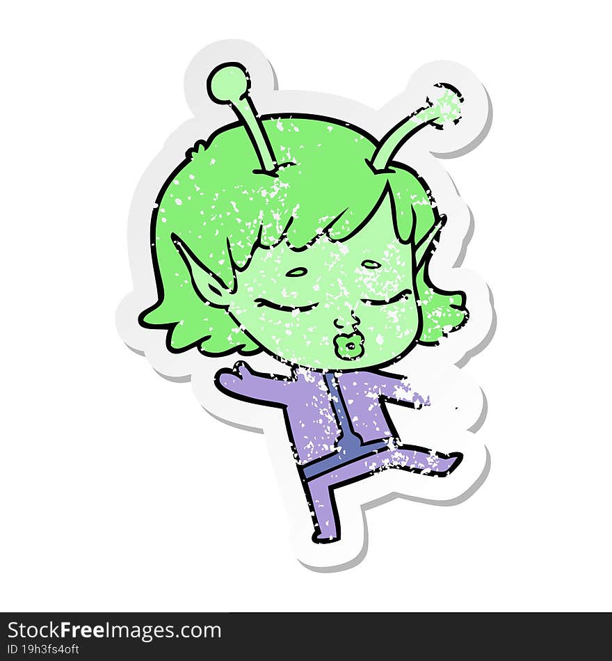 distressed sticker of a cartoon alien girl