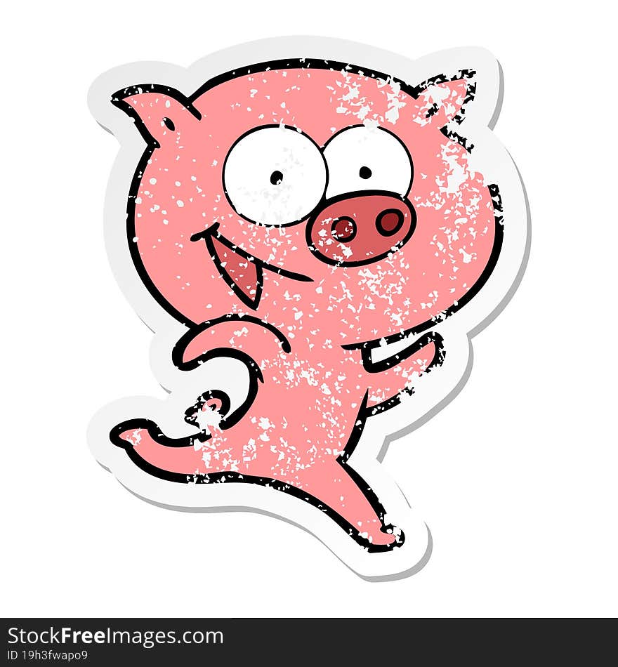 distressed sticker of a cheerful running pig cartoon