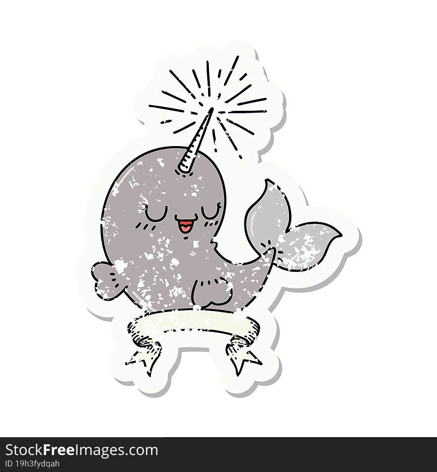 grunge sticker of tattoo style happy narwhal