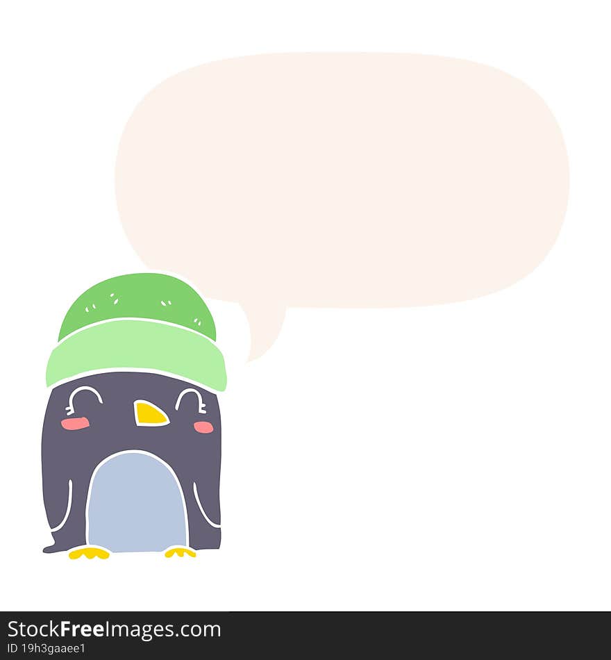 Cute Cartoon Penguin And Speech Bubble In Retro Style