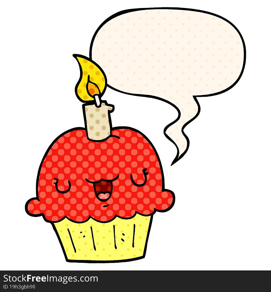 cartoon cupcake with speech bubble in comic book style