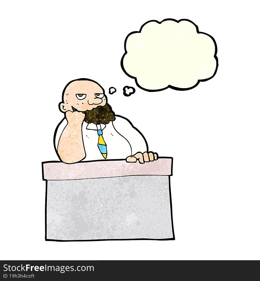 Cartoon Bored Man At Desk With Thought Bubble