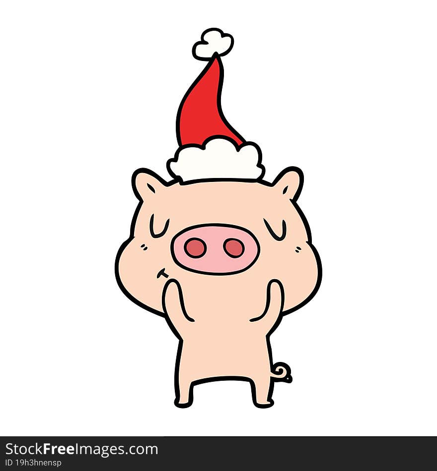 line drawing of a content pig wearing santa hat