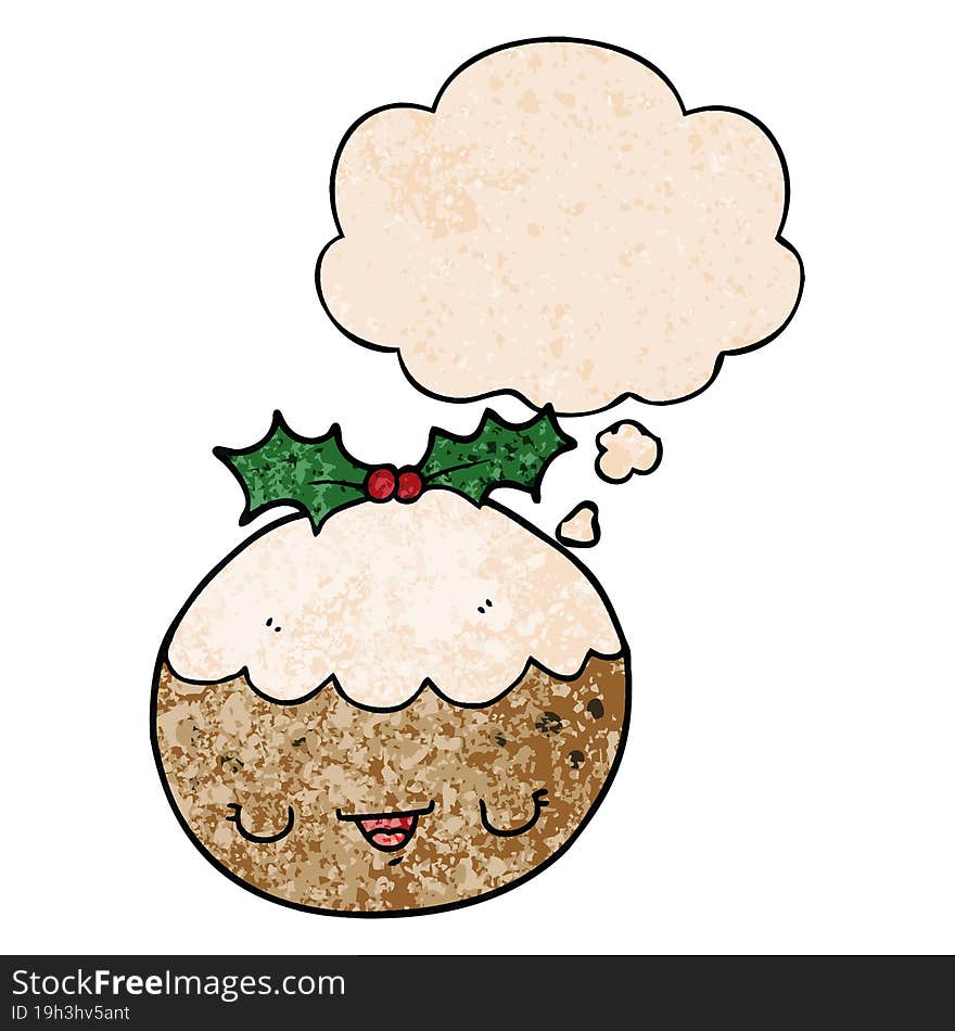 cute cartoon christmas pudding and thought bubble in grunge texture pattern style