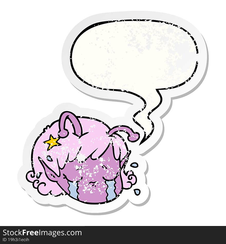 Cartoon Alien Space Girl Face Crying And Speech Bubble Distressed Sticker