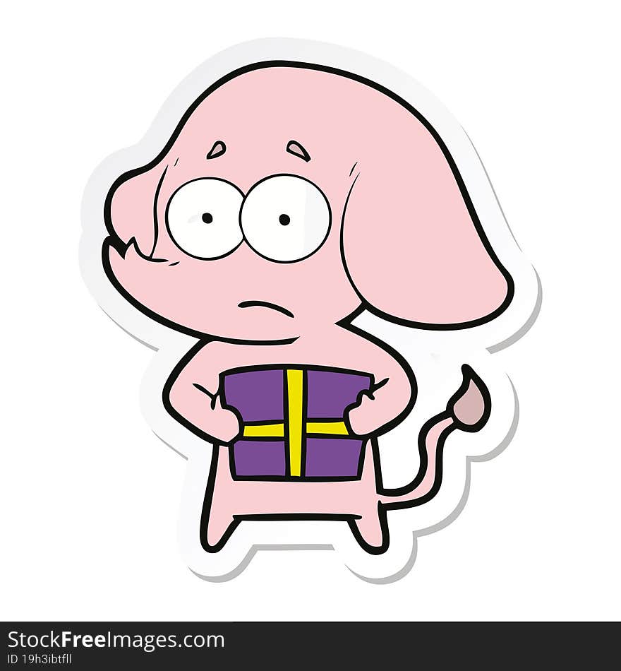 sticker of a cartoon unsure elephant with christmas present