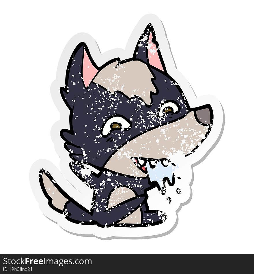 distressed sticker of a cartoon hungry wolf