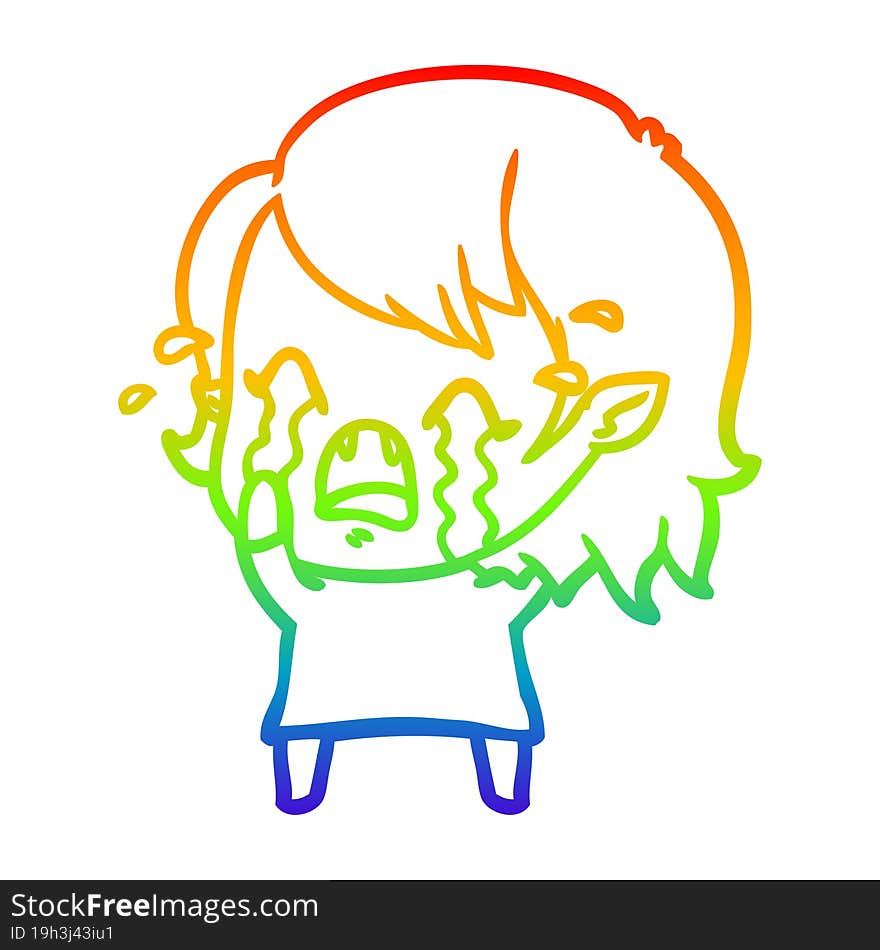 rainbow gradient line drawing cartoon crying vampire girl