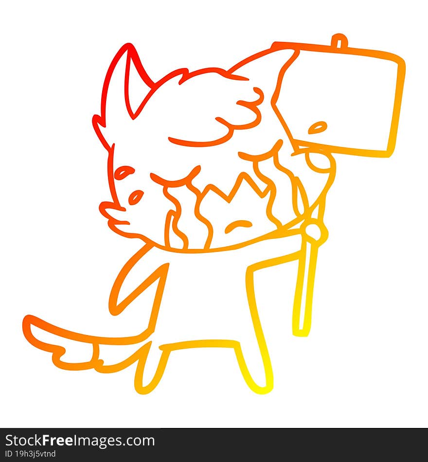 warm gradient line drawing crying fox cartoon with placard