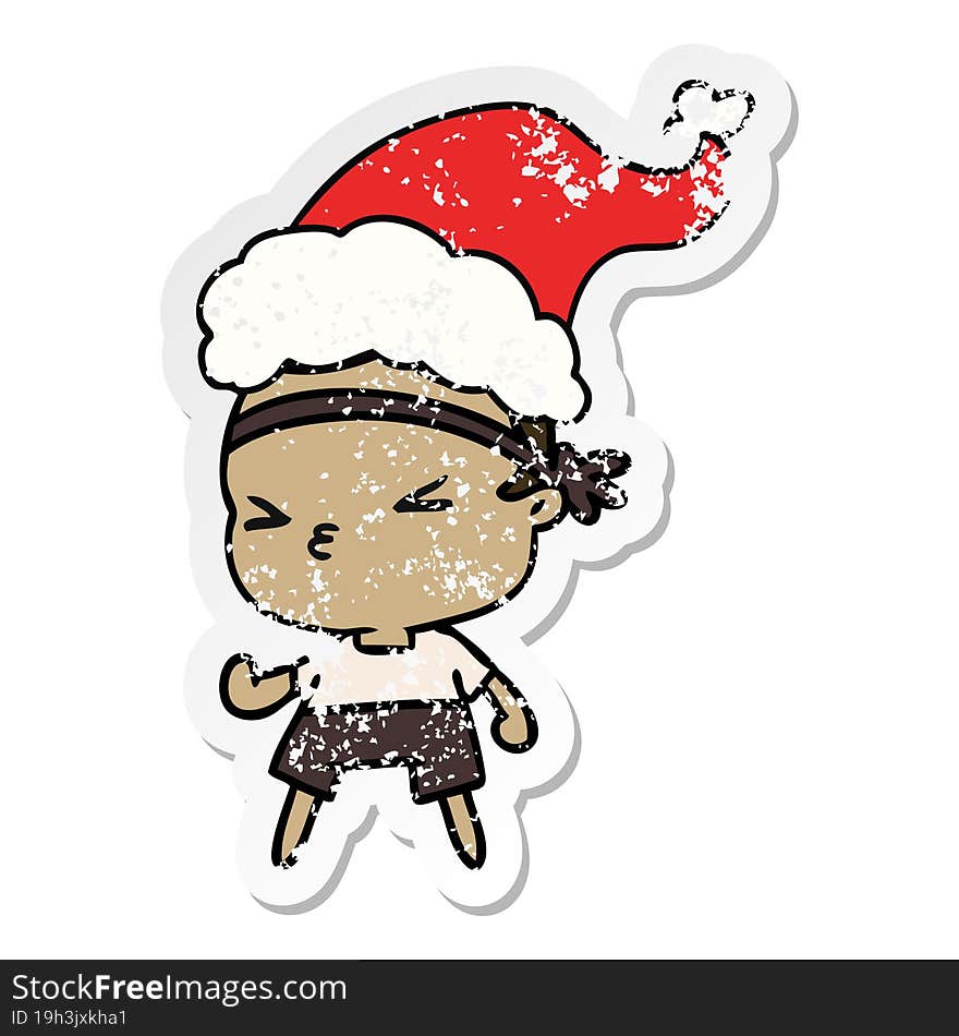 Christmas Distressed Sticker Cartoon Of Kawaii Boy