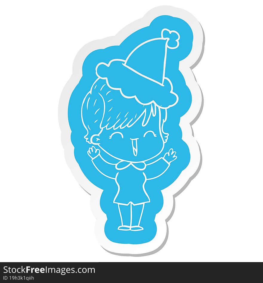 quirky cartoon  sticker of a laughing woman wearing santa hat