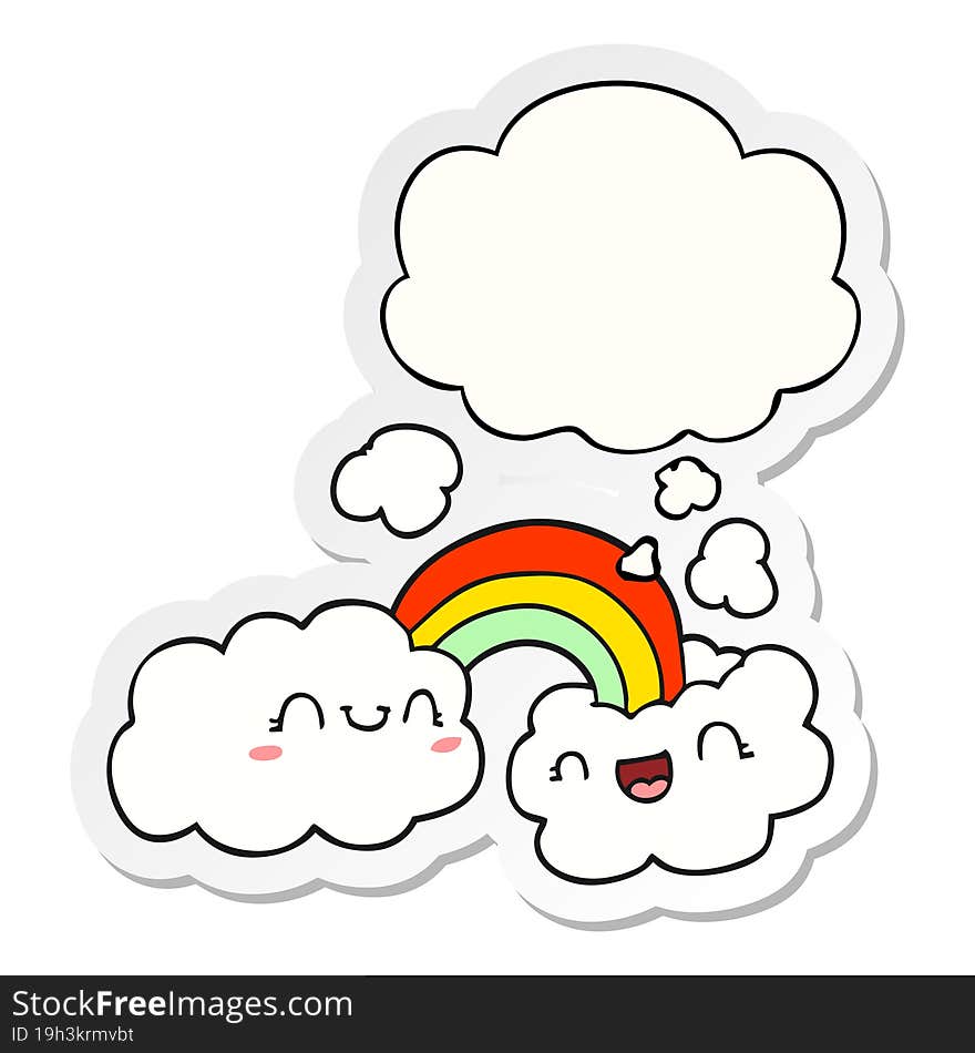 happy cartoon clouds and rainbow with thought bubble as a printed sticker