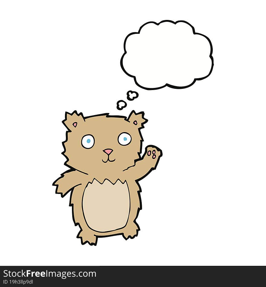 cartoon waving teddy bear with thought bubble