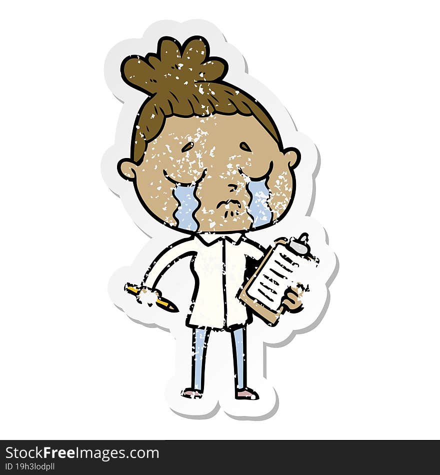 distressed sticker of a cartoon crying saleswoman