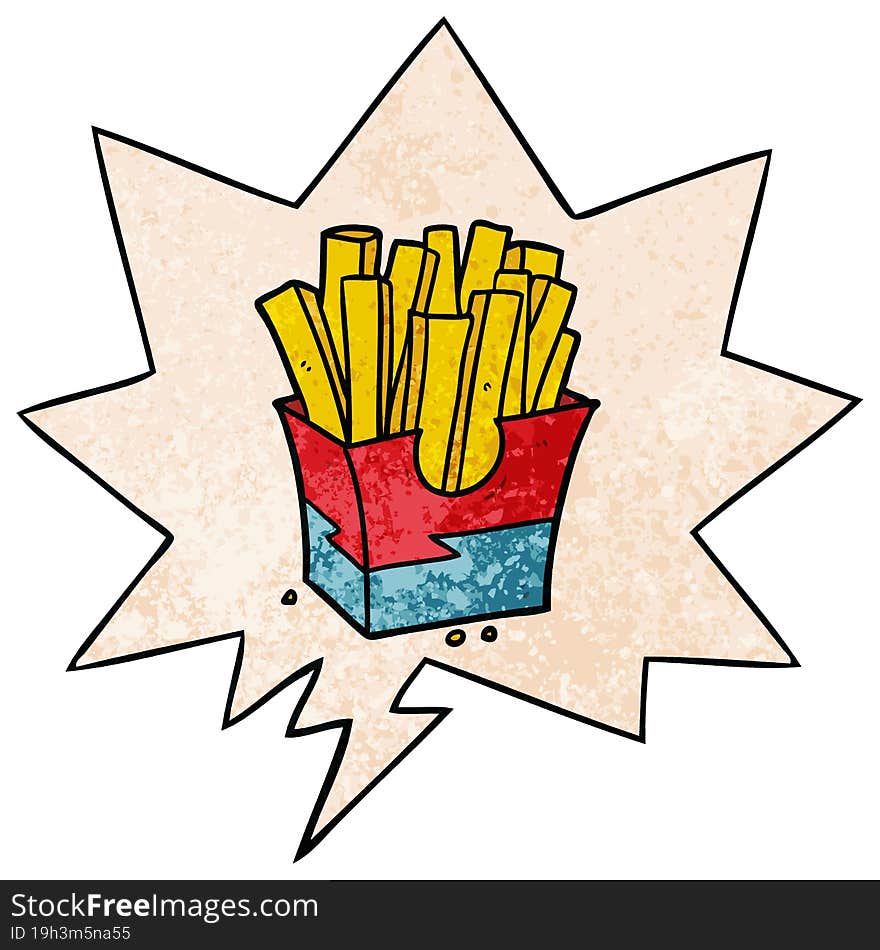 cartoon junk food fries and speech bubble in retro texture style