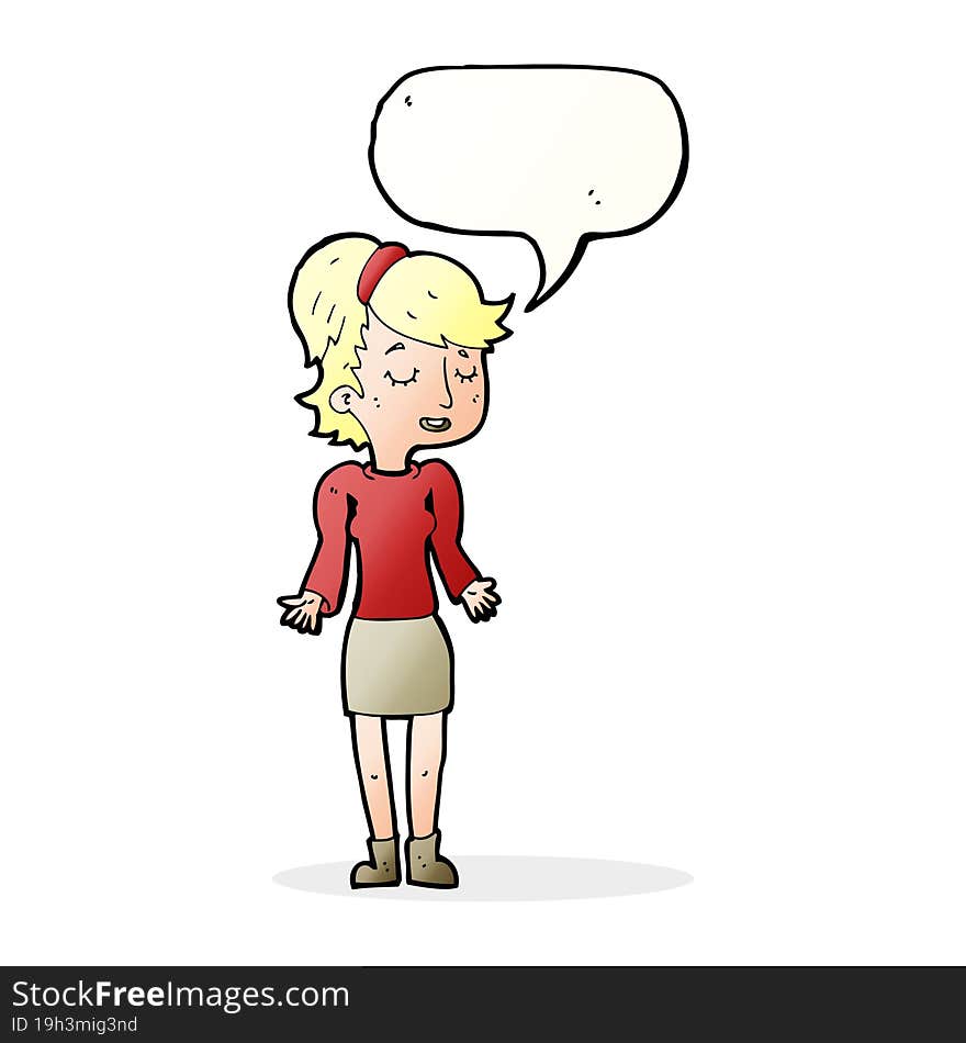 cartoon woman shrugging shoulders with speech bubble