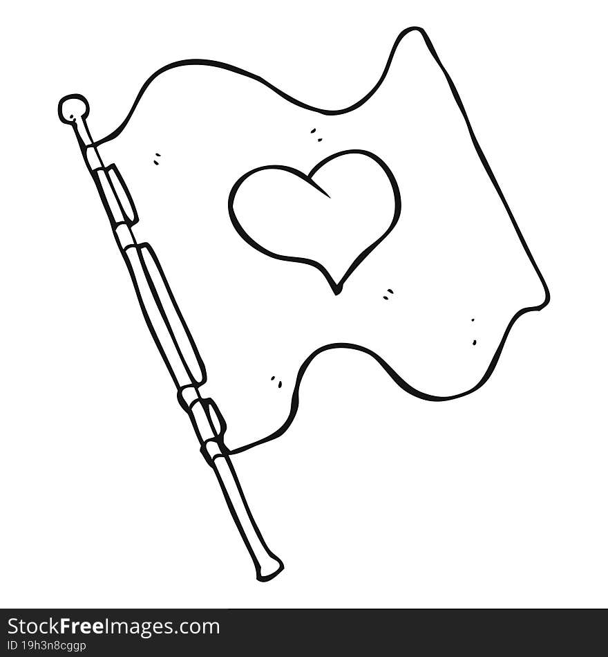 freehand drawn black and white cartoon love heart flag