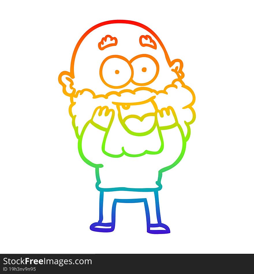 rainbow gradient line drawing of a cartoon crazy happy man with beard gasping