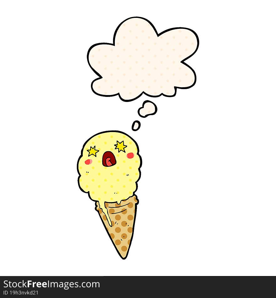 cartoon shocked ice cream and thought bubble in comic book style