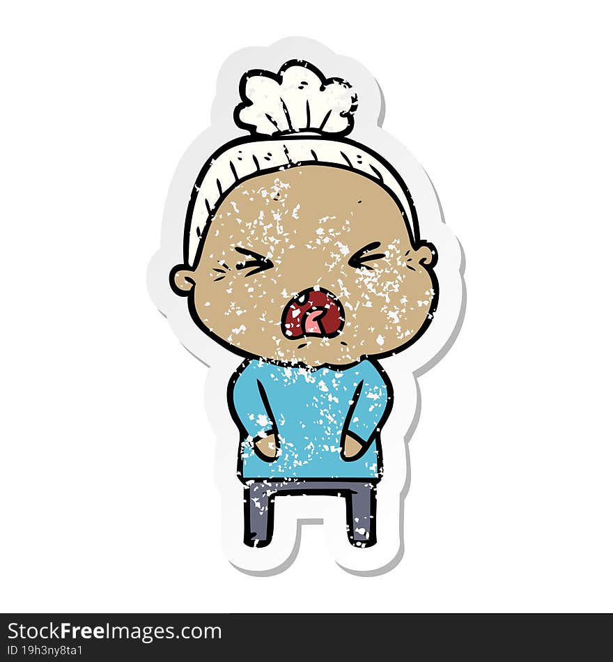 distressed sticker of a cartoon angry old woman