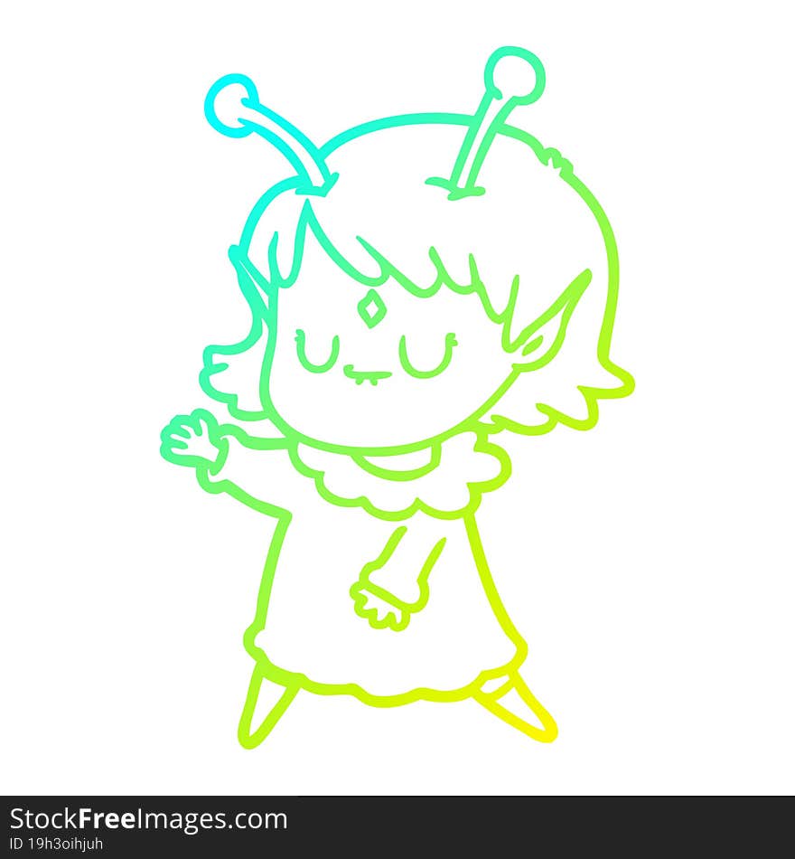 Cold Gradient Line Drawing Cartoon Alien Girl Dancing