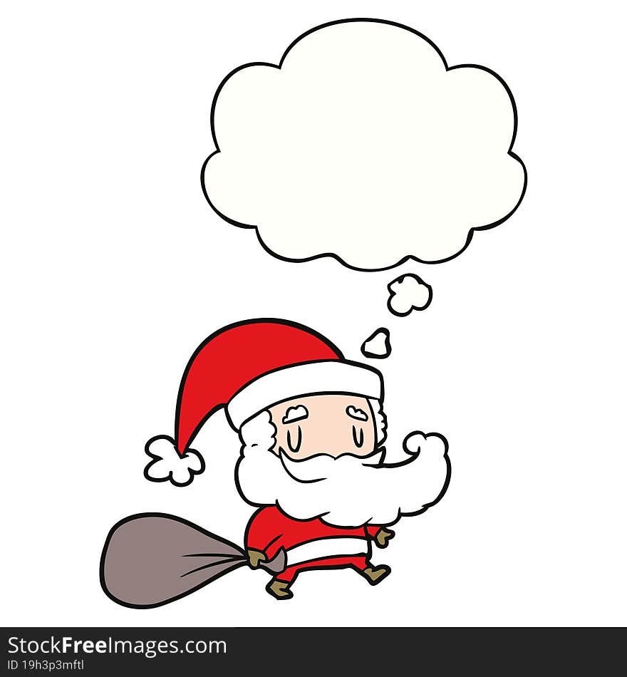 cartoon santa claus with sack and thought bubble