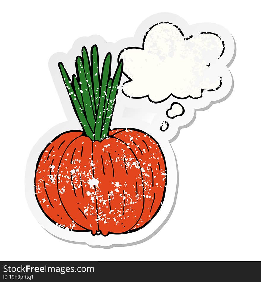 cartoon vegetable with thought bubble as a distressed worn sticker