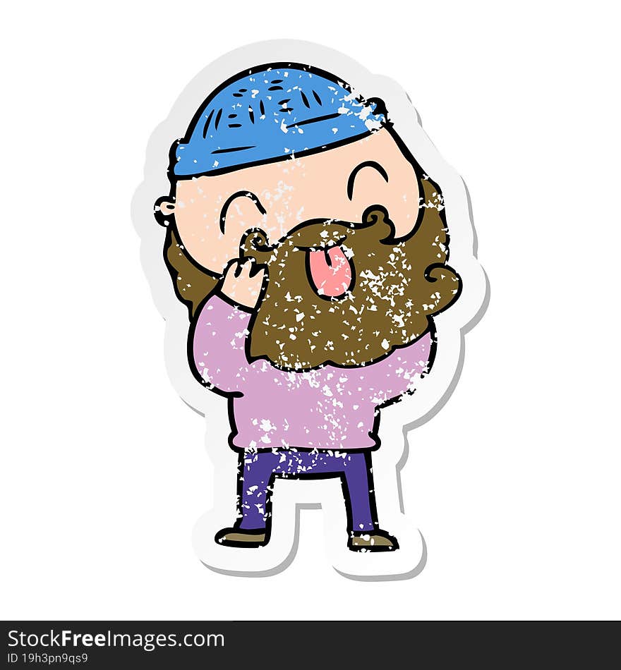 distressed sticker of a man with beard sticking out tongue