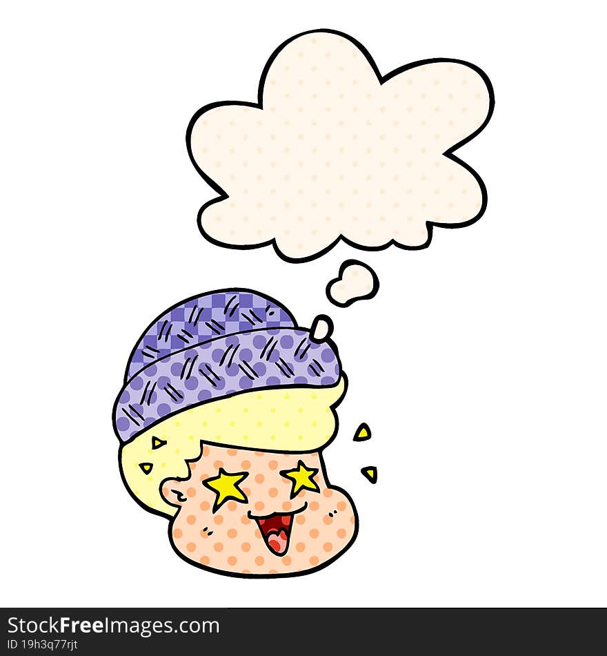 cartoon boy wearing hat and thought bubble in comic book style