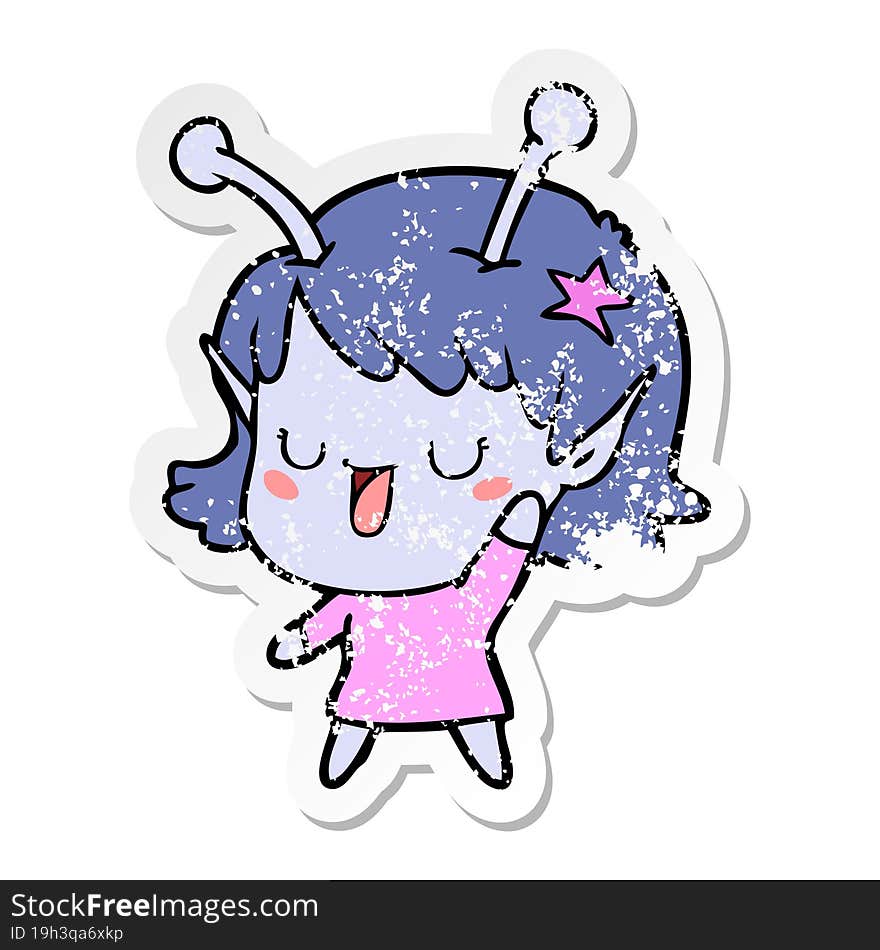 Distressed Sticker Of A Happy Alien Girl Cartoon