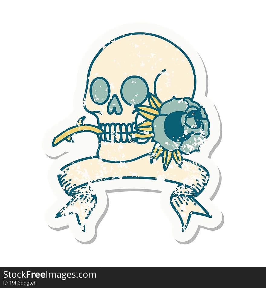 grunge sticker with banner of a skull and rose