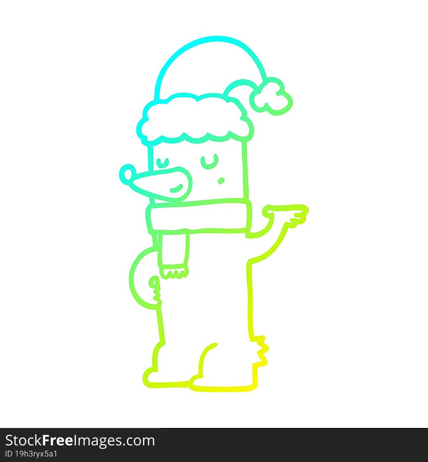 cold gradient line drawing cartoon bear wearing christmas hat