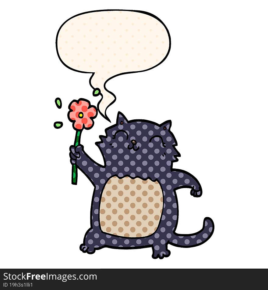 Cartoon Cat And Flower And Speech Bubble In Comic Book Style