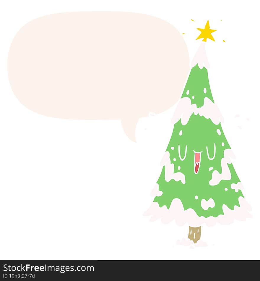 cartoon snowy christmas tree and happy face and speech bubble in retro style