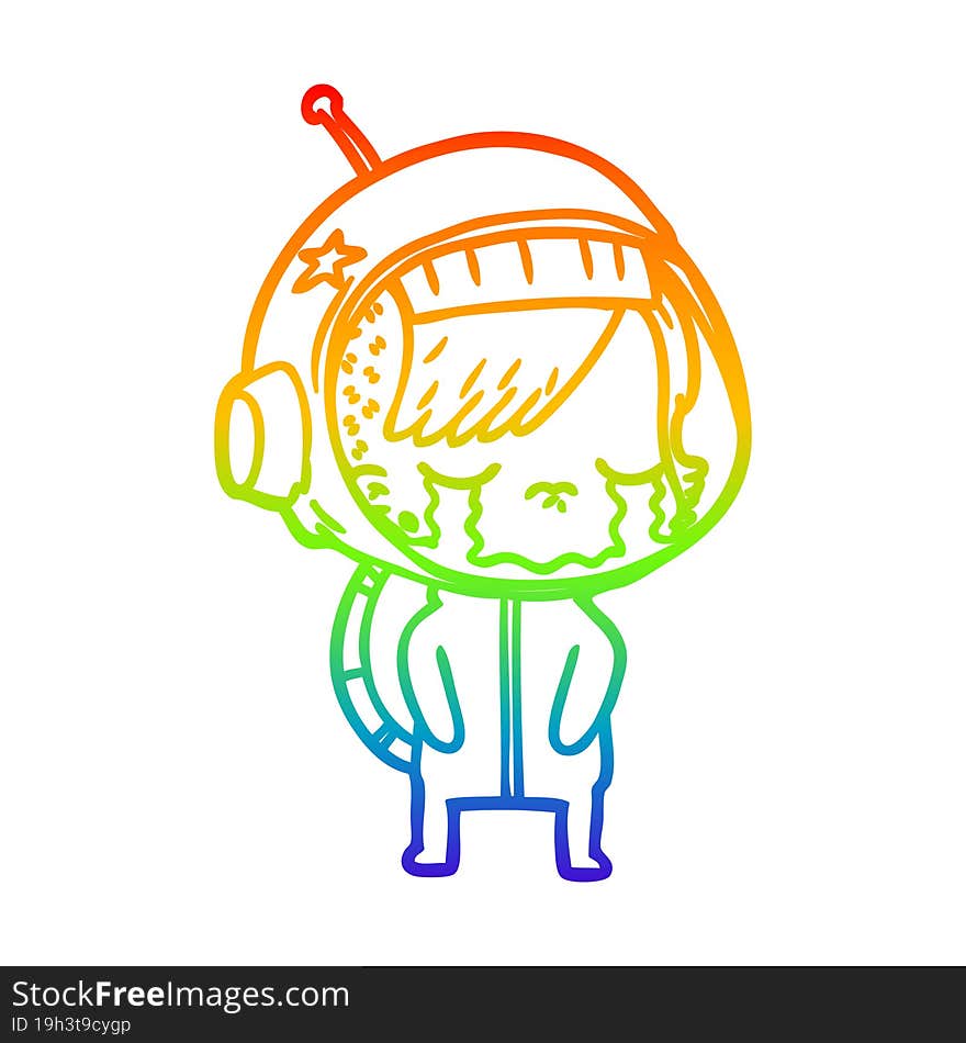 Rainbow Gradient Line Drawing Cartoon Crying Astronaut Girl