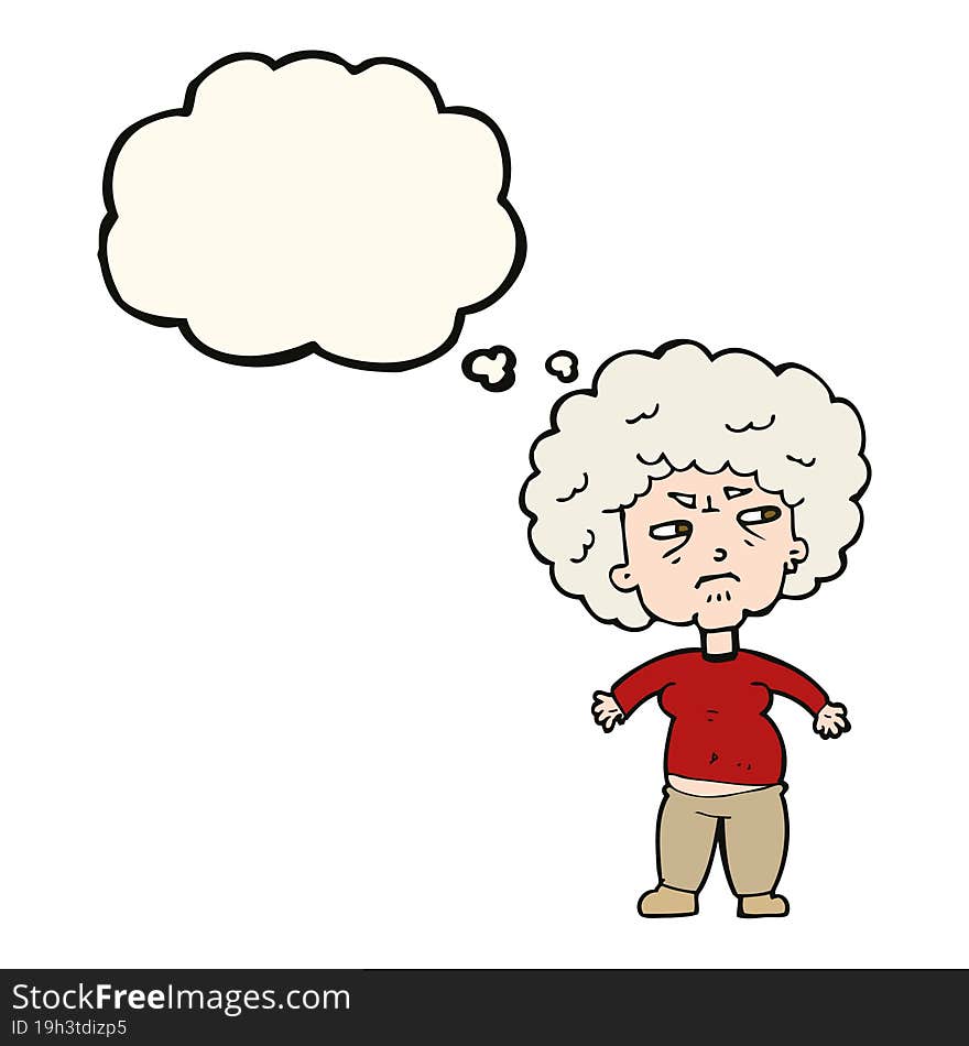 cartoon annoyed old woman with thought bubble