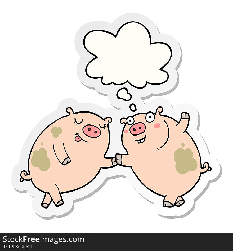 Cartoon Pigs Dancing And Thought Bubble As A Printed Sticker