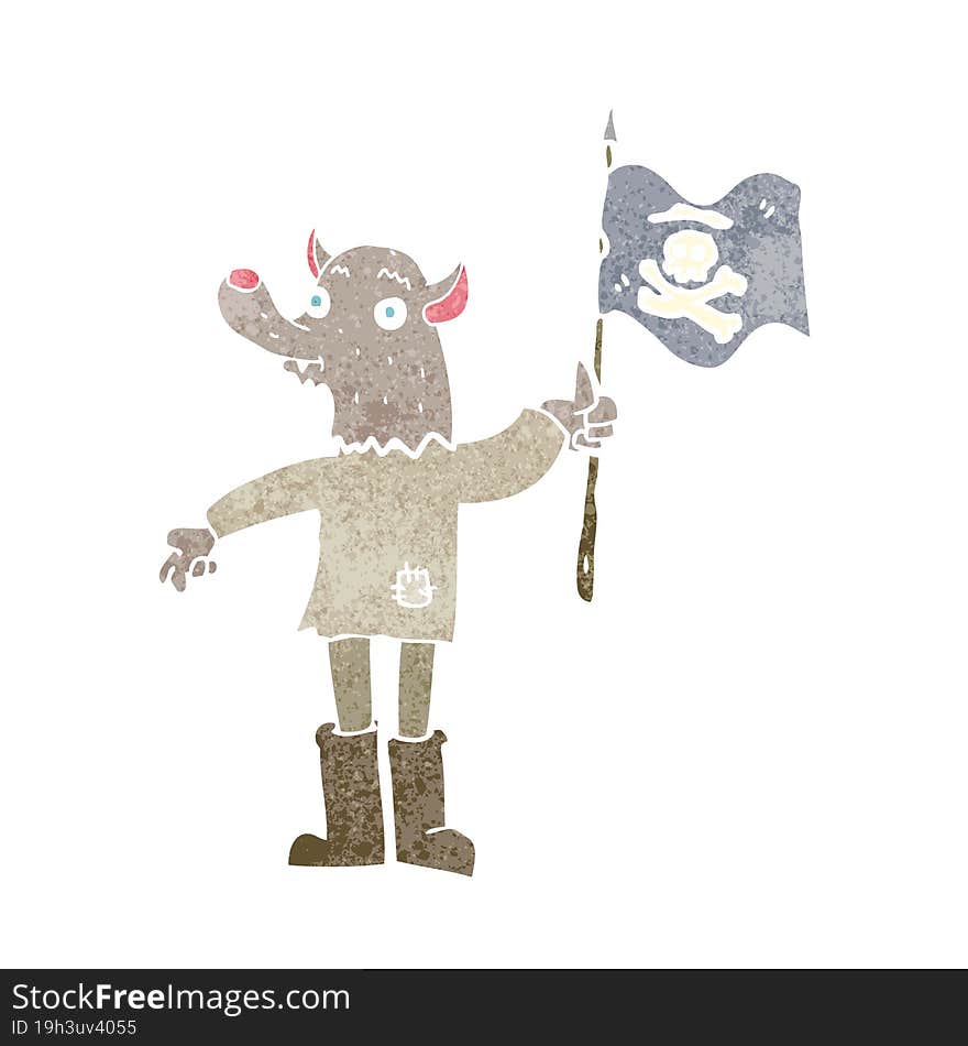 cartoon wolf man waving pirate flag