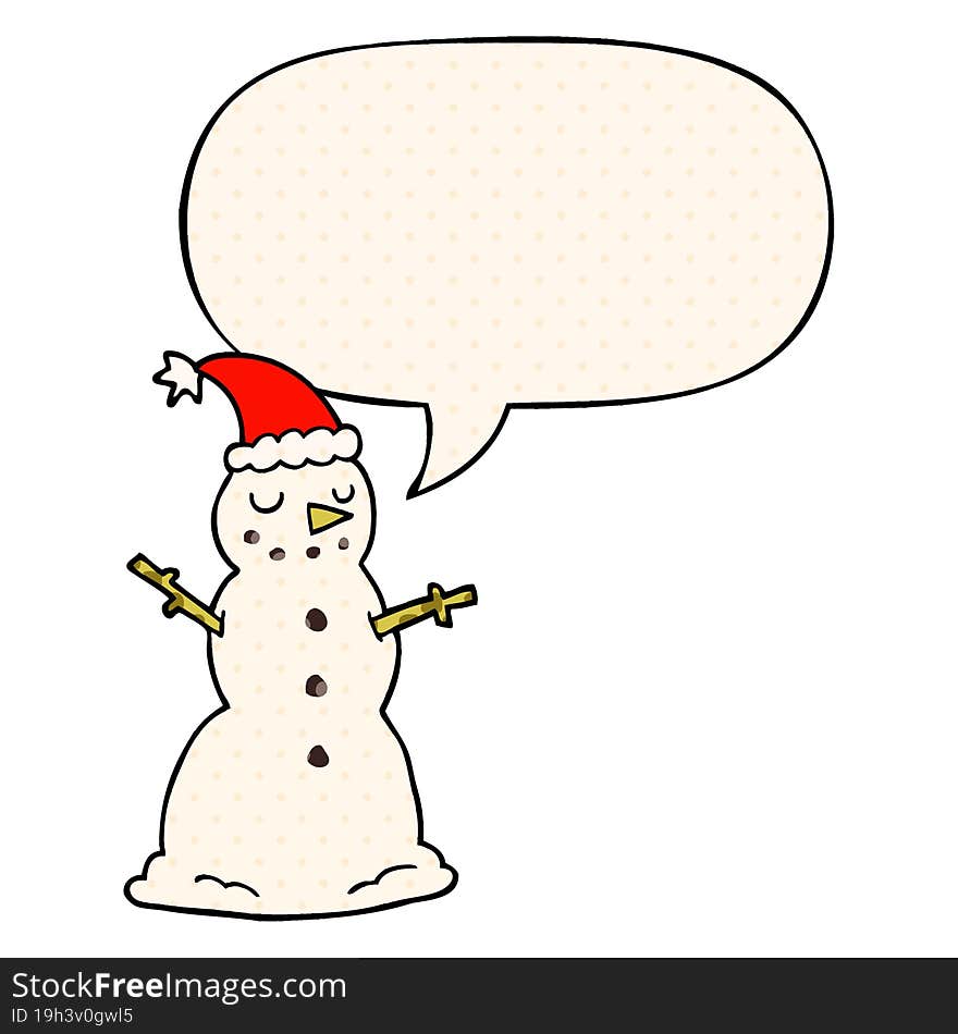 cartoon christmas snowman and speech bubble in comic book style